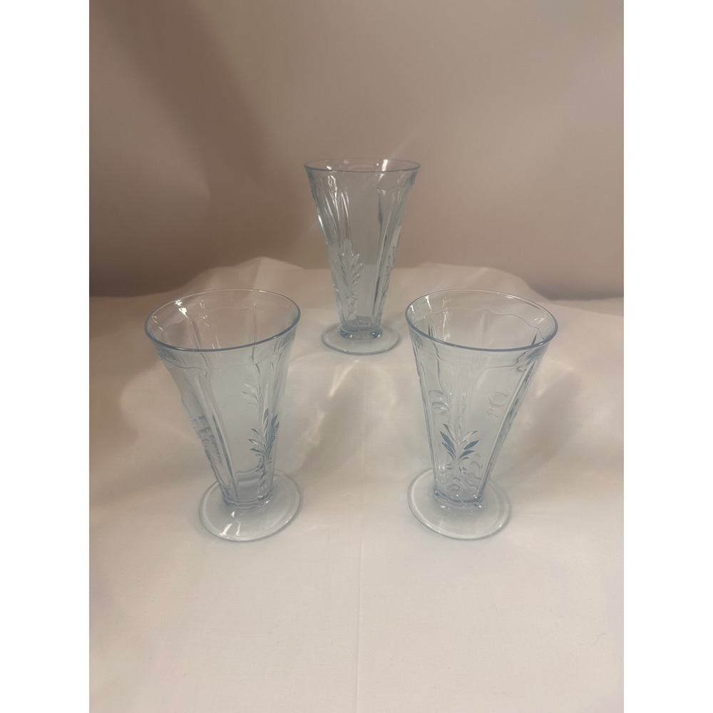 Fostoria Baroque Azure Blue Footed Tumblers‎ 6 inch Glass Set of 3